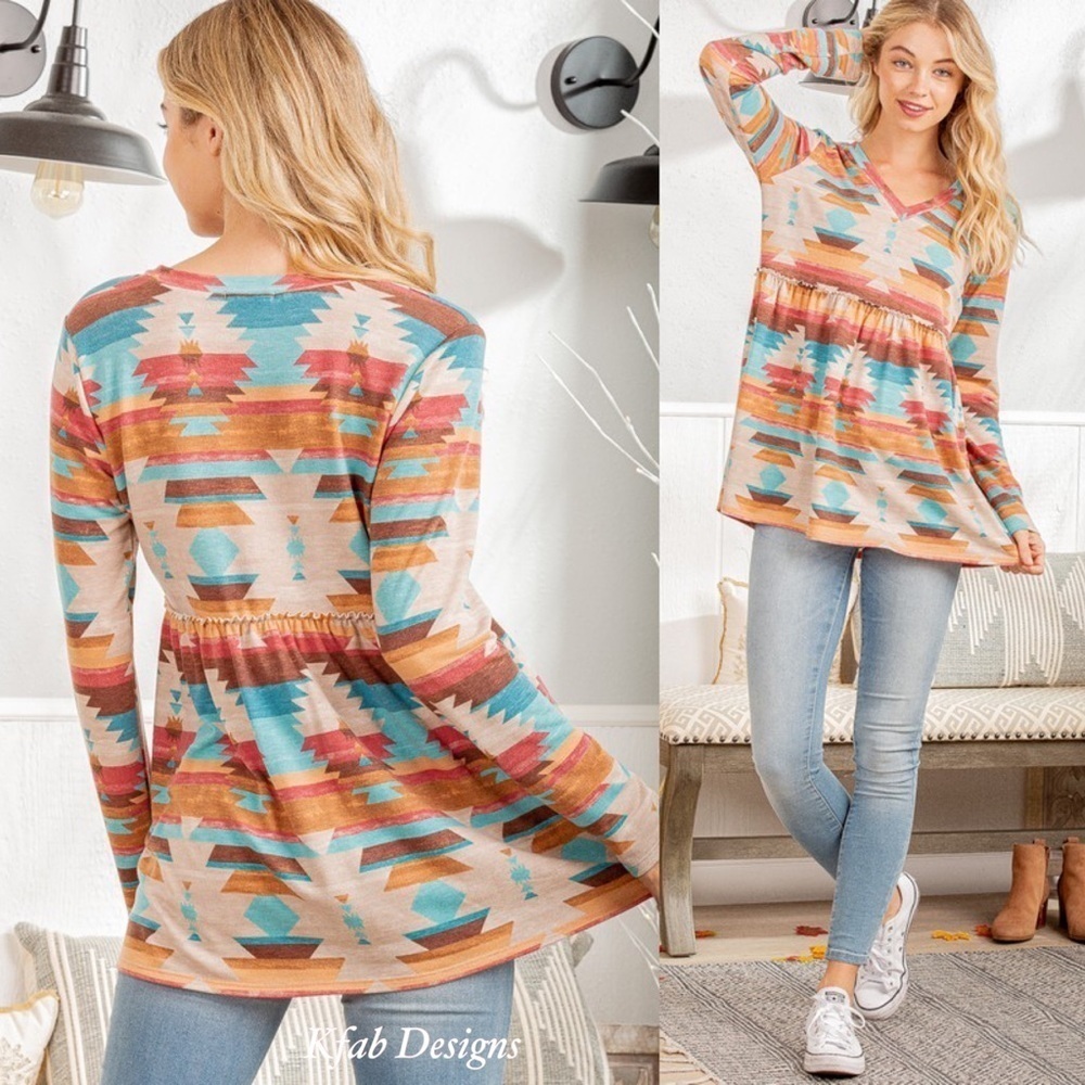 LAST 2! V Neck Ruffle Detail Aztec Print Top! - Picture 8 of 11
